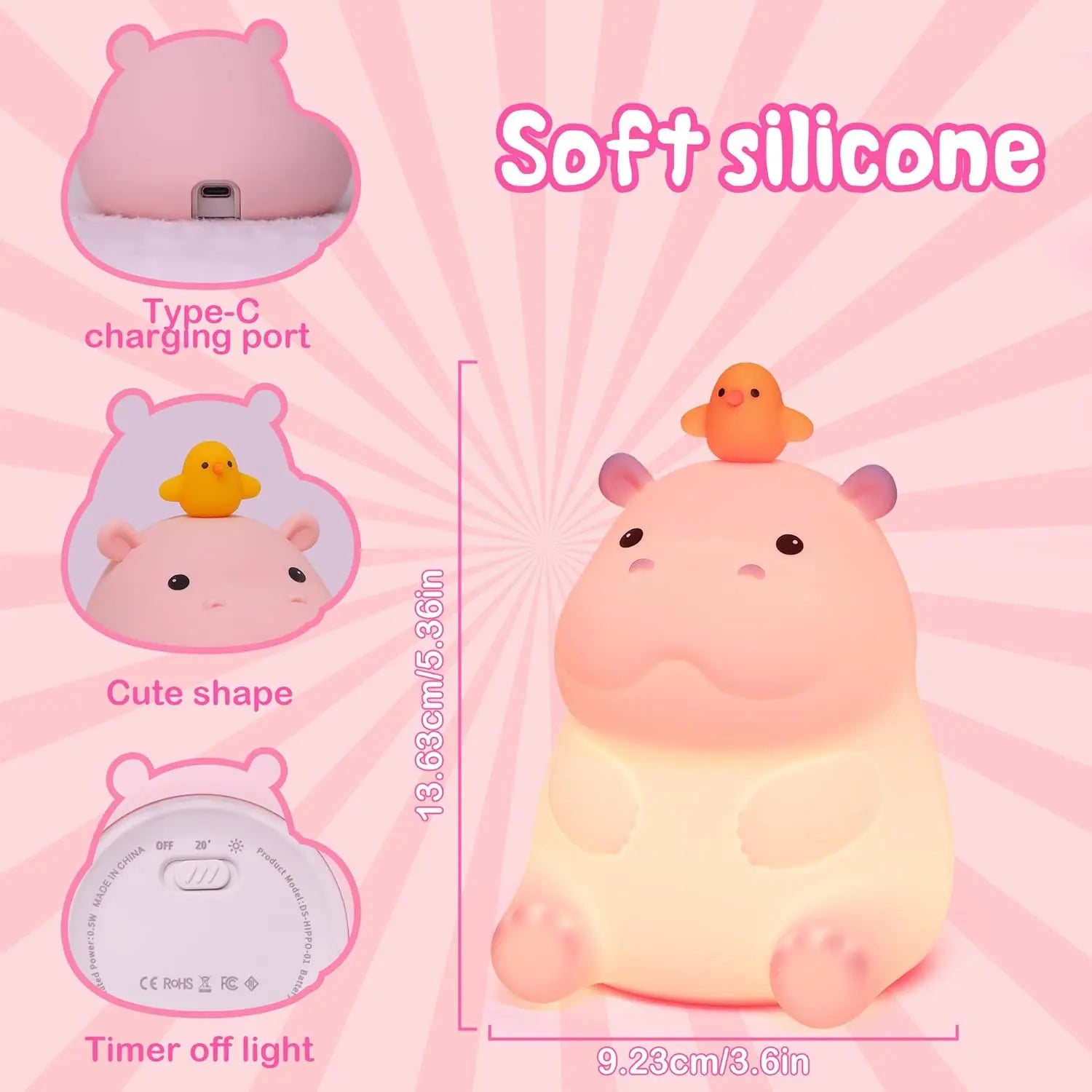Pink Hippo LED Night Light β Squishy Silicone Touch Lamp π¦