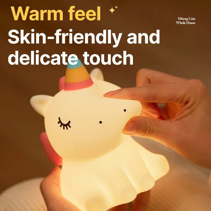 Cartoon Unicorn LED Night Lamp β Cute Silicone Pat Light for Cozy Reading & Decor