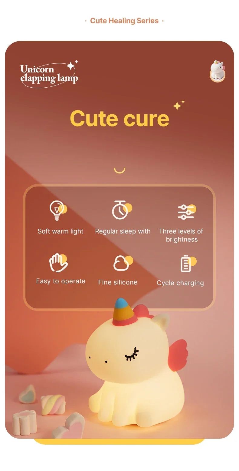 Cartoon Unicorn LED Night Lamp β Cute Silicone Pat Light for Cozy Reading & Decor