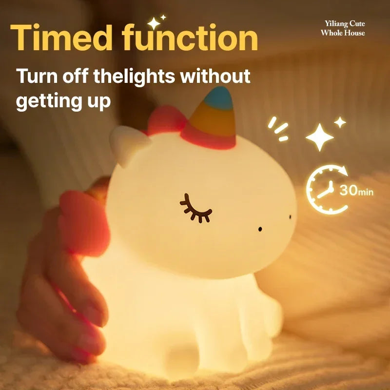 Cartoon Unicorn LED Night Lamp β Cute Silicone Pat Light for Cozy Reading & Decor
