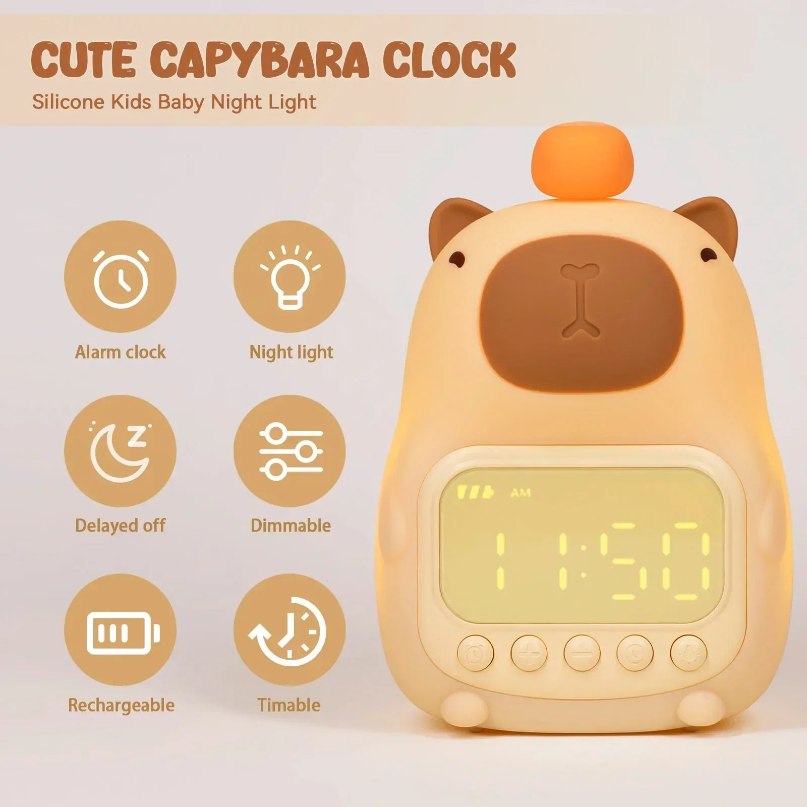 Capybara LED Night Light & Alarm Clock β Silicone USB Rechargeable Lamp