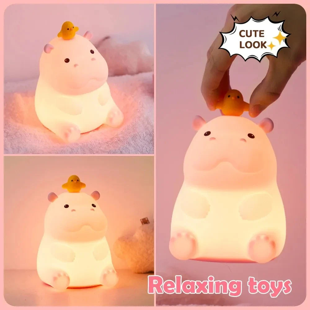 Pink Hippo LED Night Light β Squishy Silicone Touch Lamp π¦