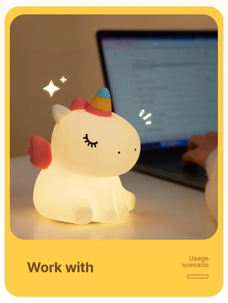 Cartoon Unicorn LED Night Lamp β Cute Silicone Pat Light for Cozy Reading & Decor