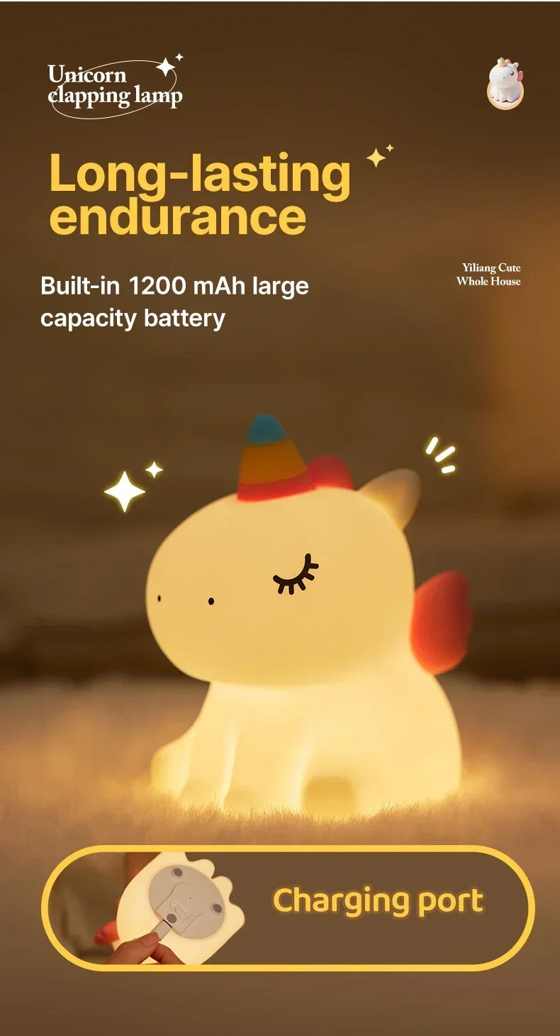 Cartoon Unicorn LED Night Lamp β Cute Silicone Pat Light for Cozy Reading & Decor