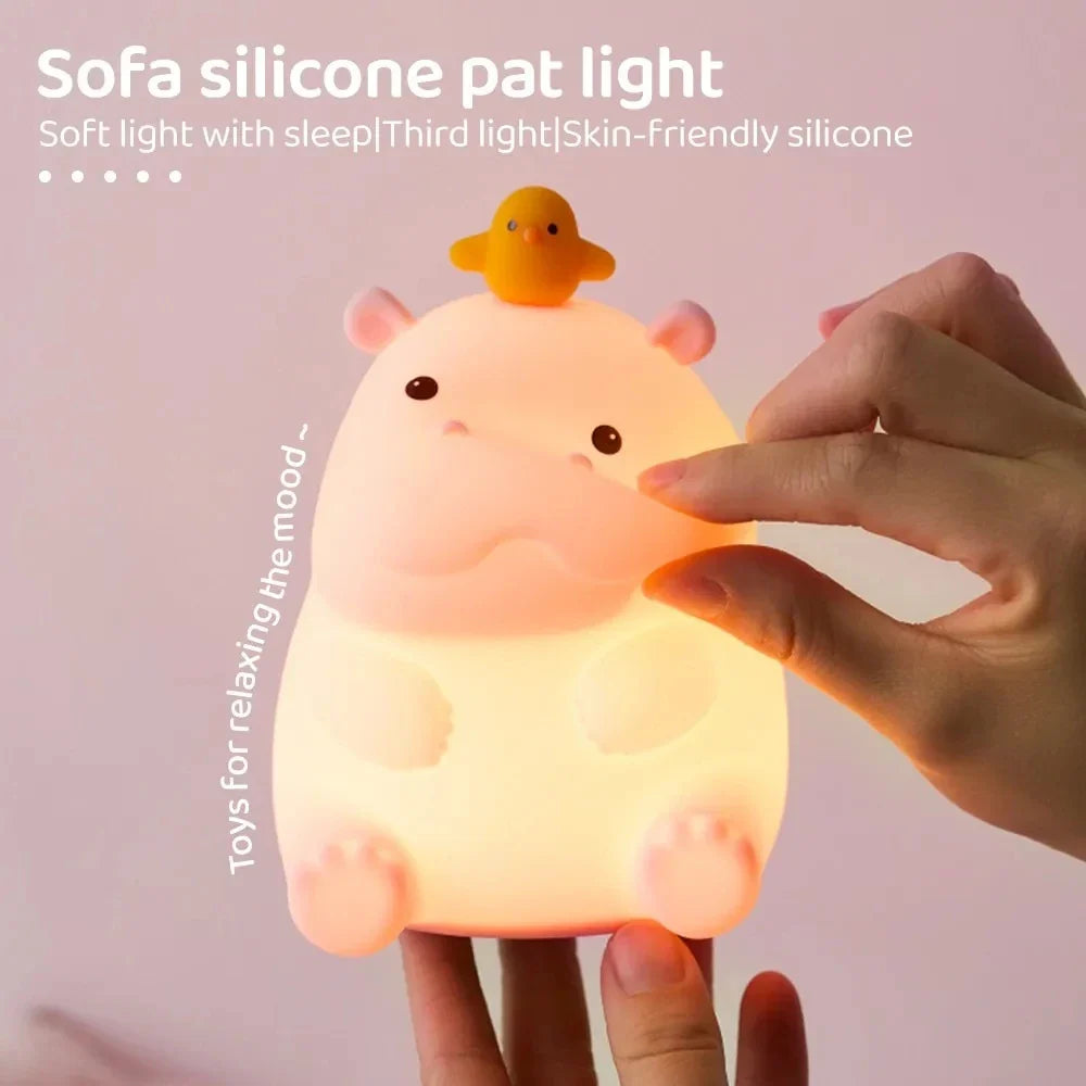 Pink Hippo LED Night Light β Squishy Silicone Touch Lamp π¦
