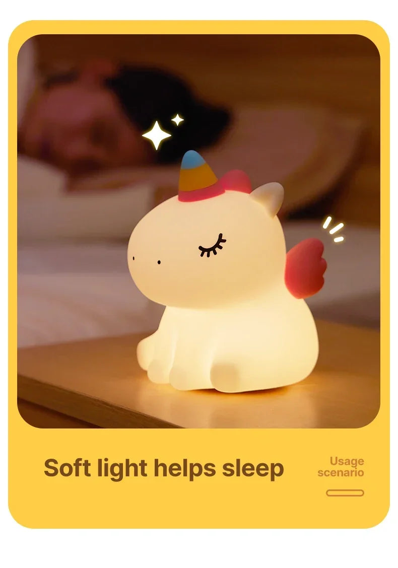 Cartoon Unicorn LED Night Lamp β Cute Silicone Pat Light for Cozy Reading & Decor
