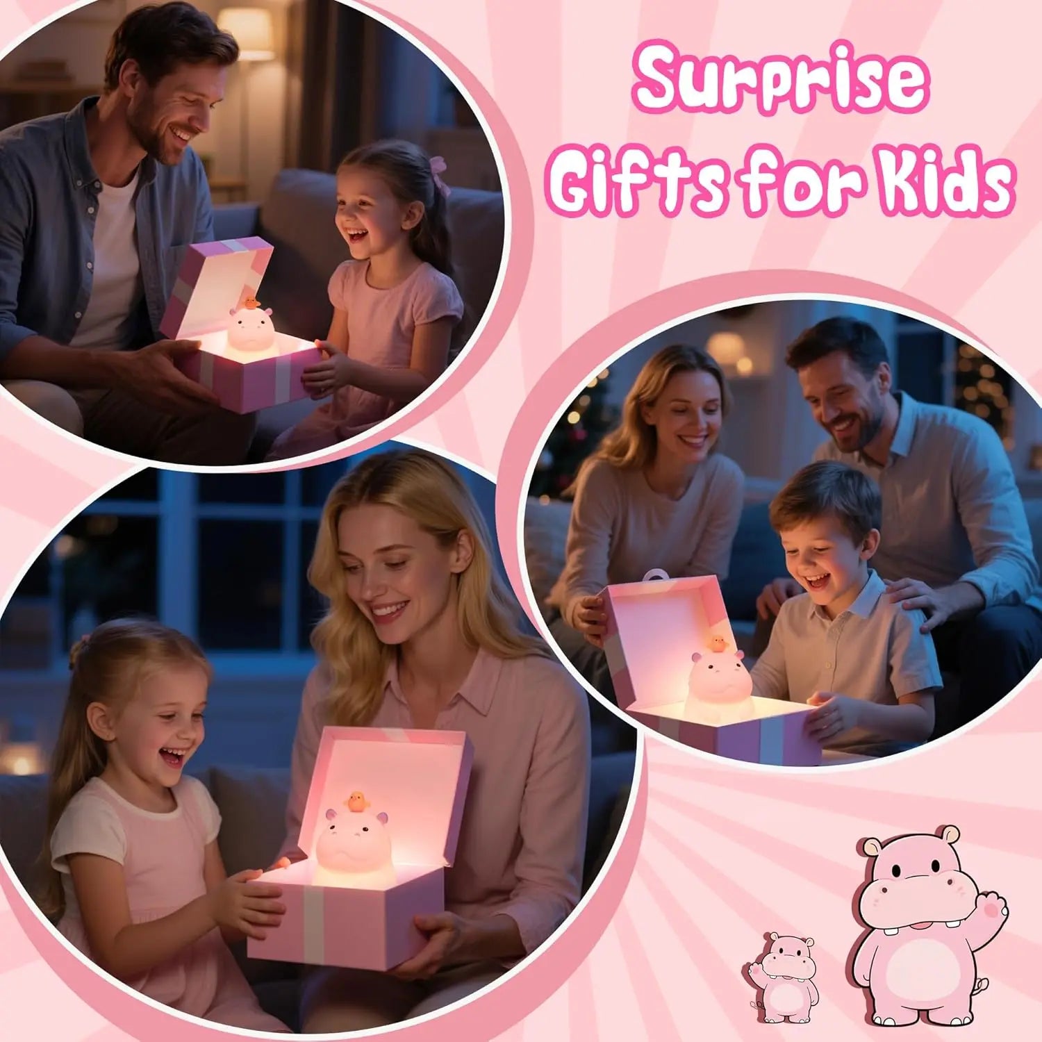 Pink Hippo LED Night Light β Squishy Silicone Touch Lamp π¦