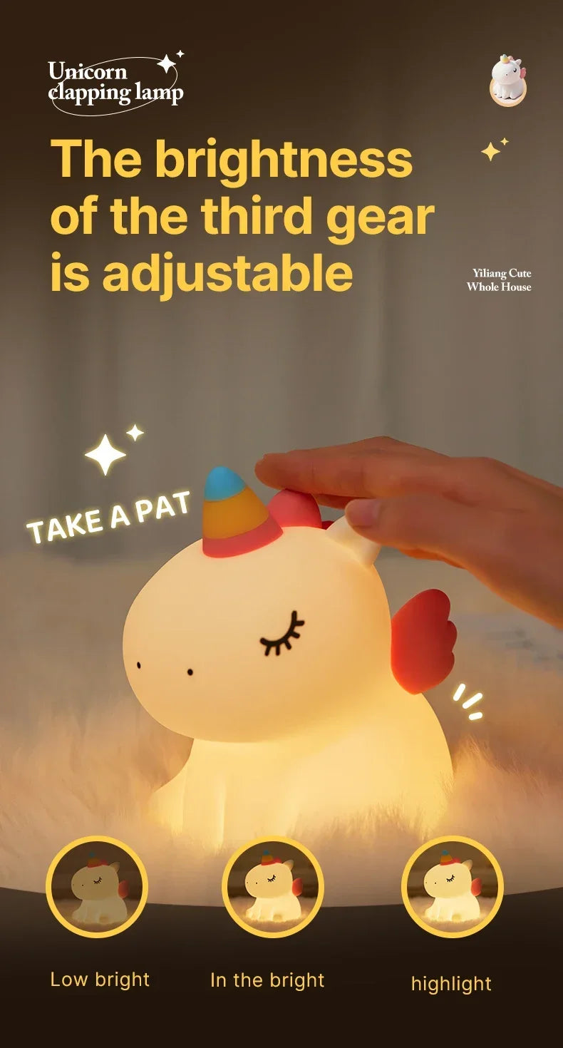 Cartoon Unicorn LED Night Lamp β Cute Silicone Pat Light for Cozy Reading & Decor