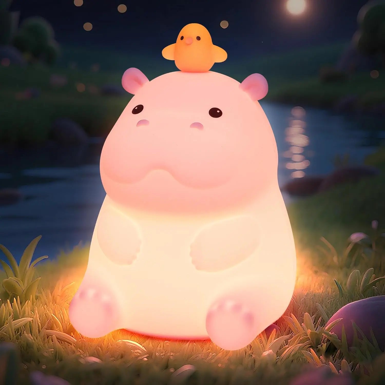 Pink Hippo LED Night Light β Squishy Silicone Touch Lamp π¦