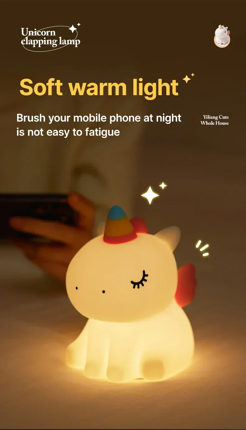 Cartoon Unicorn LED Night Lamp β Cute Silicone Pat Light for Cozy Reading & Decor