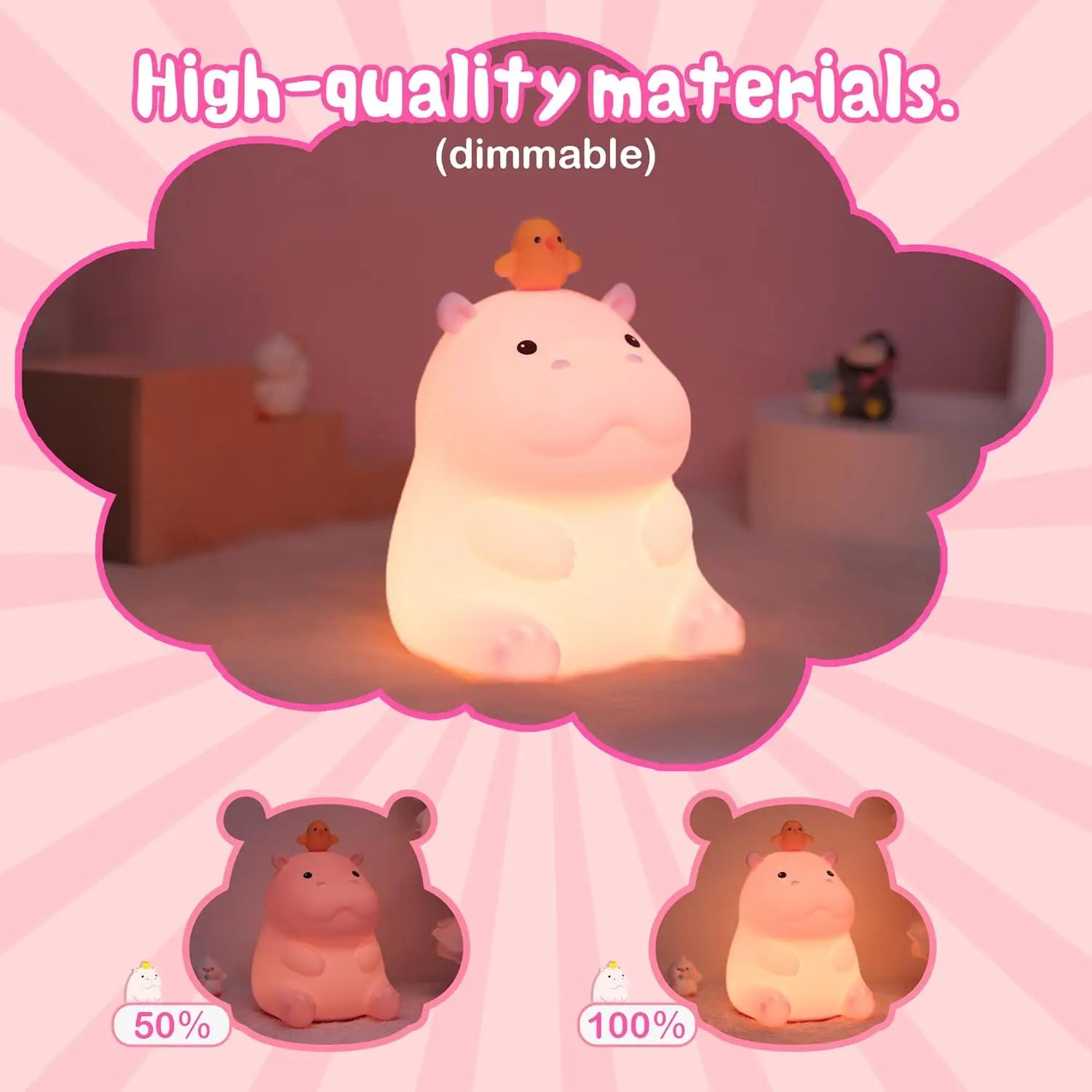 Pink Hippo LED Night Light β Squishy Silicone Touch Lamp π¦