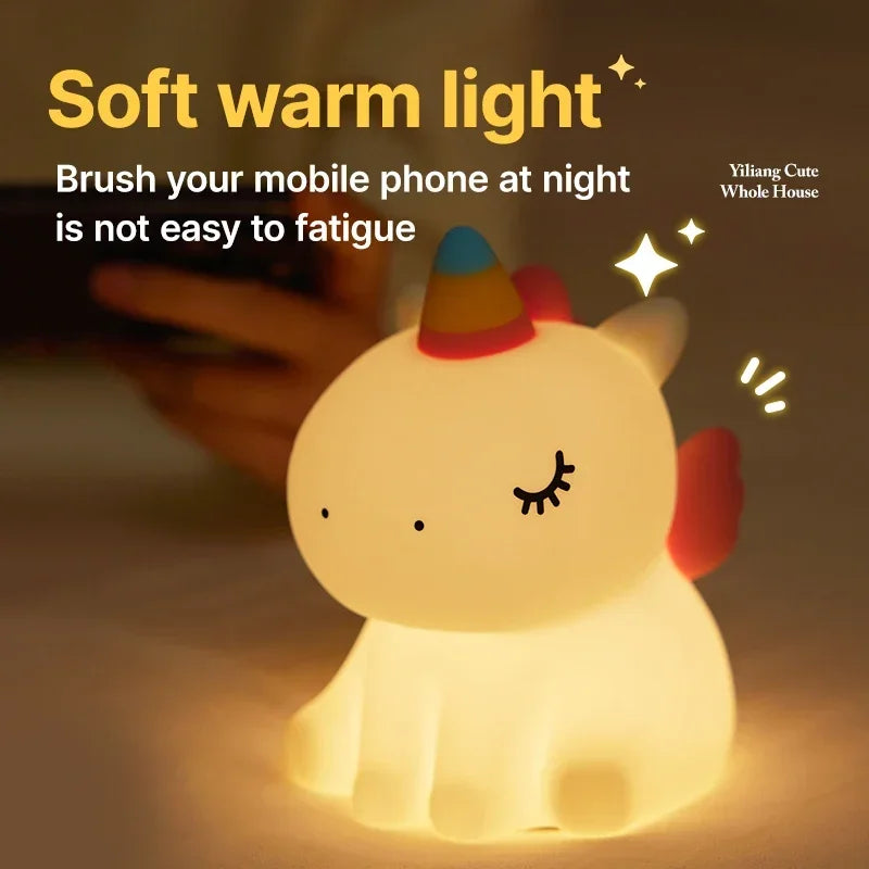 Cartoon Unicorn LED Night Lamp β Cute Silicone Pat Light for Cozy Reading & Decor