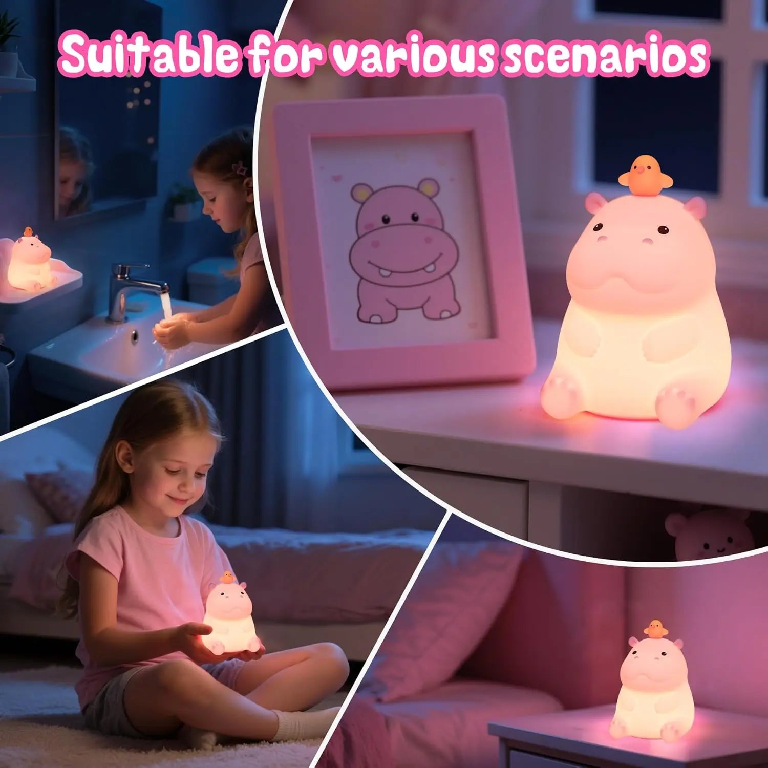 Pink Hippo LED Night Light β Squishy Silicone Touch Lamp π¦