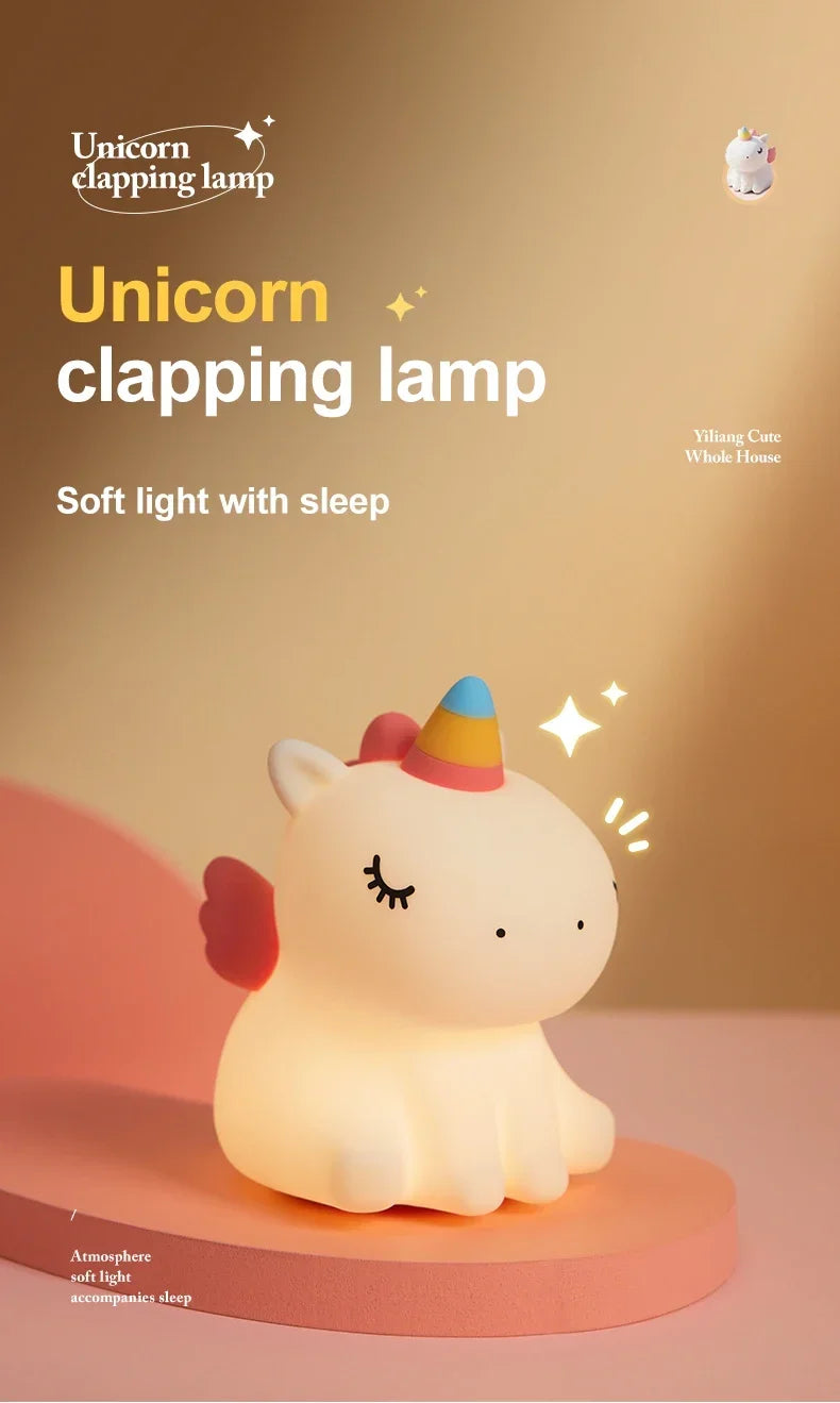 Cartoon Unicorn LED Night Lamp β Cute Silicone Pat Light for Cozy Reading & Decor
