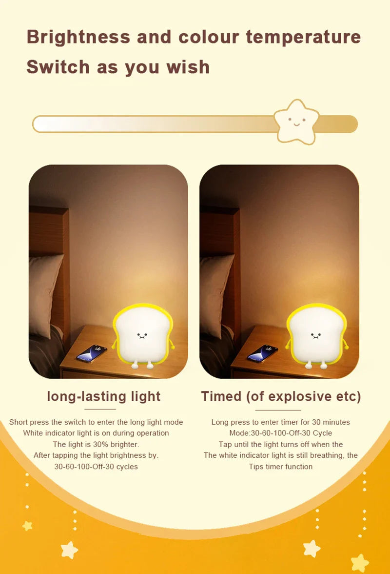 Toast Bread LED Night Light β Touch Sensor Silicone USB Lamp with Phone Holder π