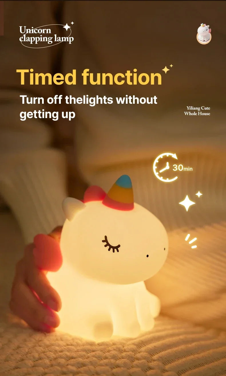 Cartoon Unicorn LED Night Lamp β Cute Silicone Pat Light for Cozy Reading & Decor