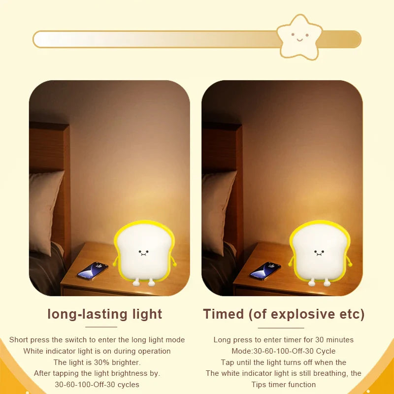 Toast Bread LED Night Light β Touch Sensor Silicone USB Lamp with Phone Holder π